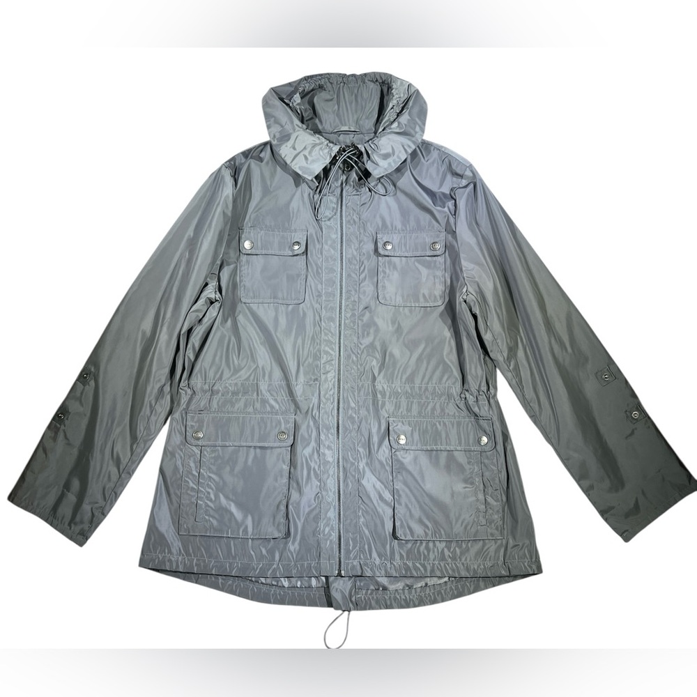 DKNY Donna Karan Full Zip Up Jacket with Hood, Waist Cinch, Multi pockets